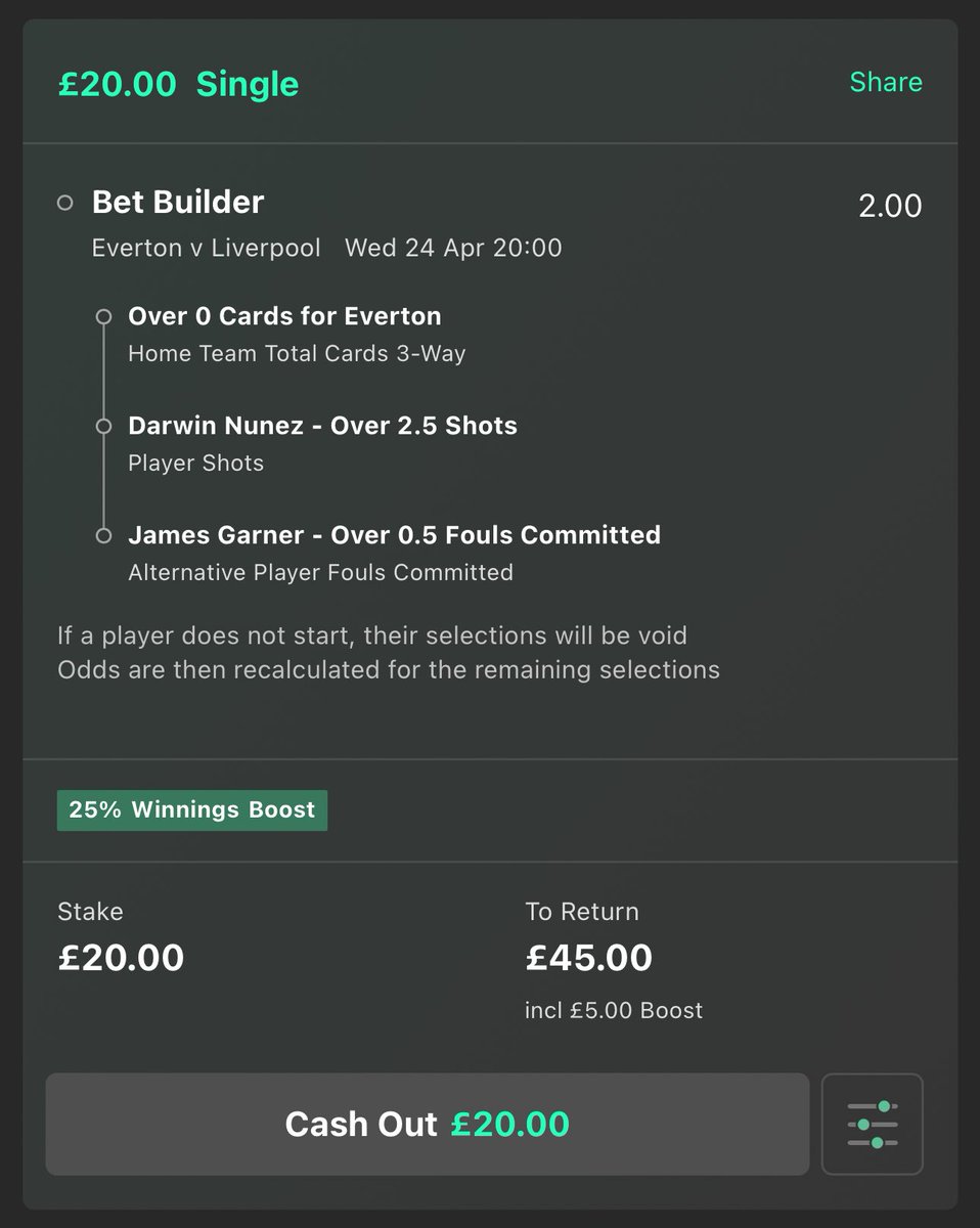 LordFootyTips's tweet photo. ⚽️ Premier League Bet Builder

📍 Everton v Liverpool
⏰ 20:00
📚 bet365

💰 £10 returns £22.50
🤑 £20 returns £45

£20 staked on all my bet builders this season has returned £1,166.60 profit ✅

LIKE ❤️ if you’re on this with me! https://t.co/08Y0ZsLec5