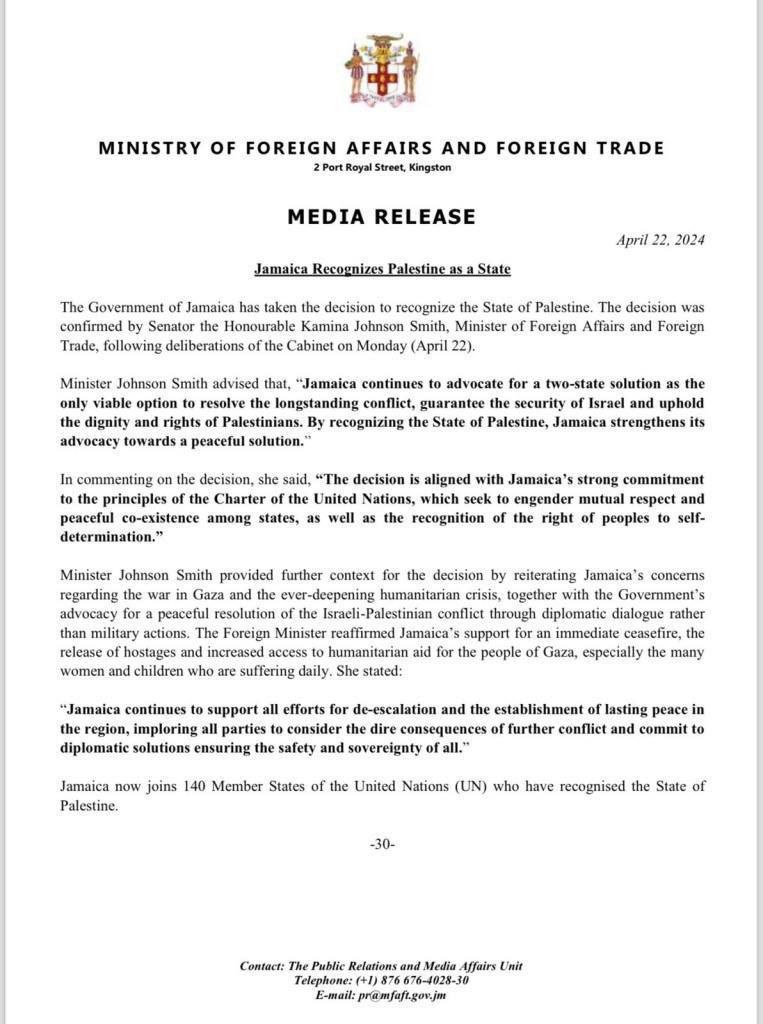 La #Giamaica ha riconosciuto ufficialmente lo Stato di #Palestina.

 Il 20 aprile, le #Barbados hanno fatto lo stesso.

Pertanto, la Palestina è attualmente riconosciuta da 140 dei 193 stati membri delle Nazioni Unite
