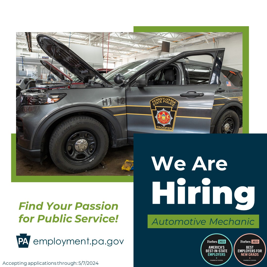 WASHINGTON COUNTY - Are you interested in a career with the Commonwealth? The State Police is looking for an experienced auto mechanic to join our team. Visit bit.ly/PSP-MW1 for more information. Accepting applications through May 7.