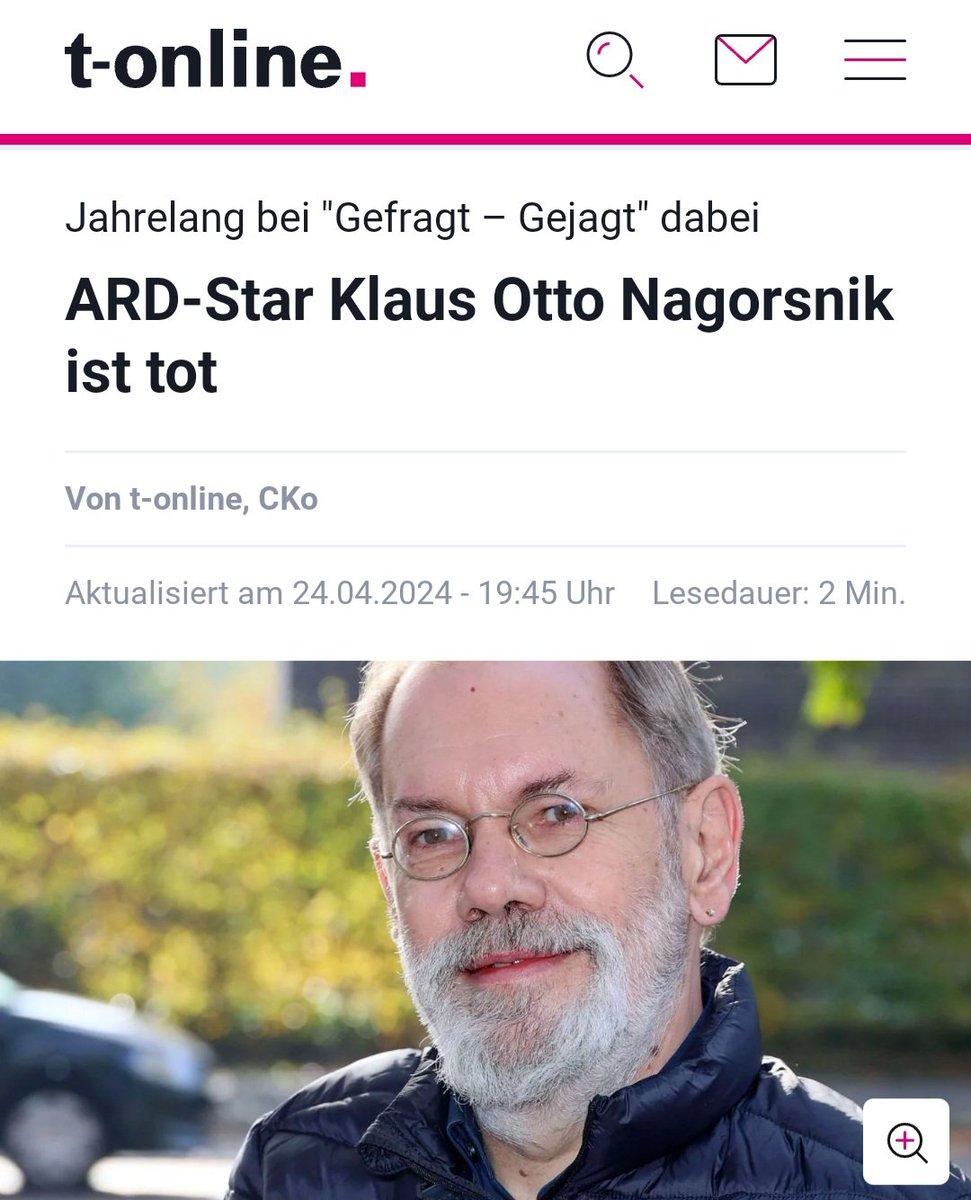 Das ist eine traurige Nachricht:
Der aus 'Gefragt Gejagt' bekannte und sehr beliebte Klaus Otto #Nagorsnik ist im Alter von 68 Jahren gestorben.
Er war ein äußerst sympathischer und intelligenter Mensch. 
Möge er in Frieden ruhen! 🌹✝️
t-online.de/unterhaltung/s…