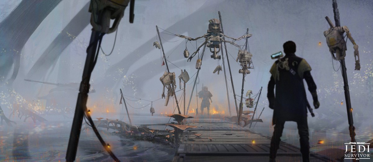 I helped concept the swamps of Kobah in Jedi Survivor.
In bluesky we were focused on having the entry to the swamps be a creepy introduction of the raiders by hanging federation droids up like skeletons.
#StarWars