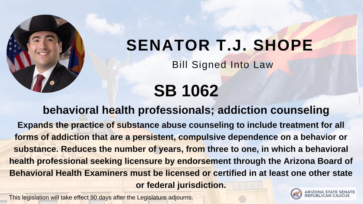 Senate Republicans are working to address the shortage of mental health professionals in Arizona. SB 1062, sponsored by @TJShope, was just signed into law and will help with patients who are seeking counseling for addiction. Read more on the legislation here: