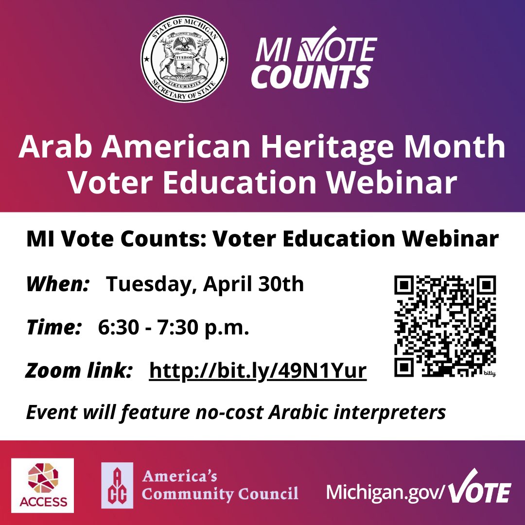 MI Vote Counts: Voter Education Webinar taking place Tuesday, April This session by MI SOS will be available in Arabic & English, and will provide community members the opportunity to ask questions about how the changes to election law will affect them for upcoming elections.