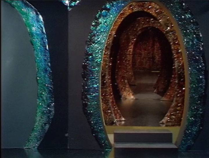 DWUDatabase's tweet photo. Omega's world could almost be the world of Panto. Is it just me or does the décor remind anyone else of gaudy Christmas decorations? #DoctorWho #ThreeDoctors https://t.co/eK5rb0xiLK