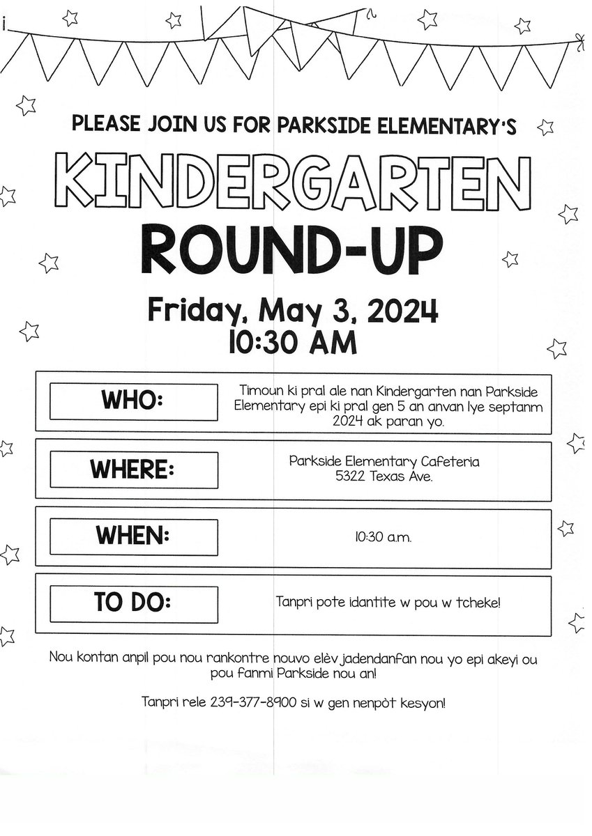 Do you have a child who will be in Kindergarten next year? Then this message is for you! Kindergarten Round-Up is Friday, May 3 at 10:30 am. We are so excited to meet our new Kindergarteners and welcome you to our Parkside Family! Please bring your ID to check-in.