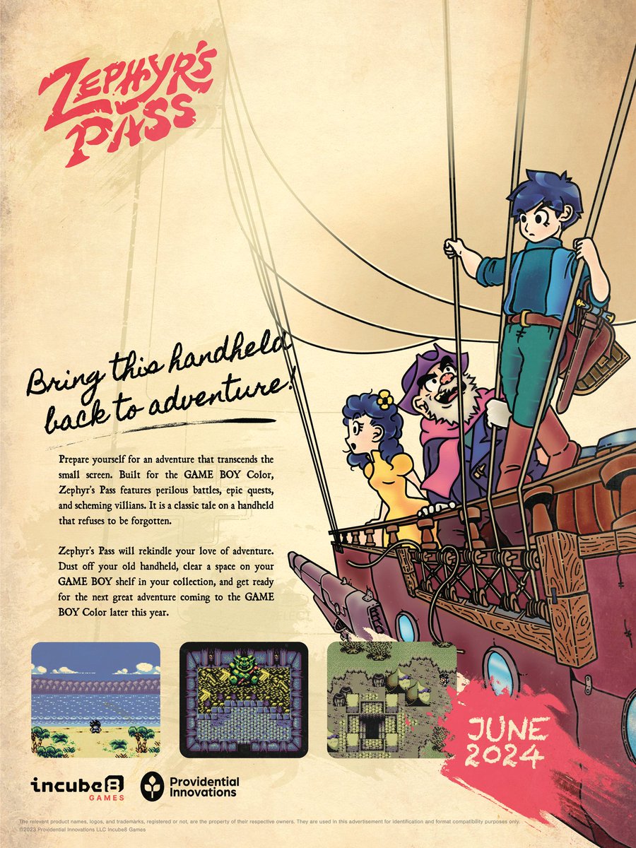 In June 2024, a new Game Boy Color game is set to release. Experiece a dazzling tale of swashbuckling adventure in Zephyr’s Pass! 
#gbstudio #gbdev #nintendo #gameboy #retro #pixelart <a href="/Incube8Games/">Incube8 Games</a>