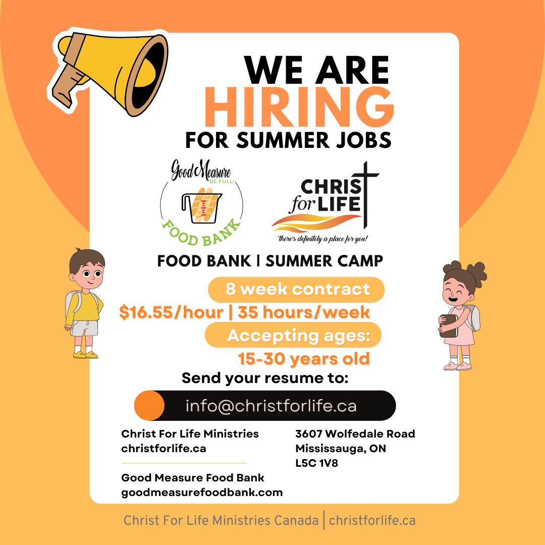 Hiring for summer jobs! #summerjob #mississauga #gta #student #foryou #4you #community #camp #kids #foodbank