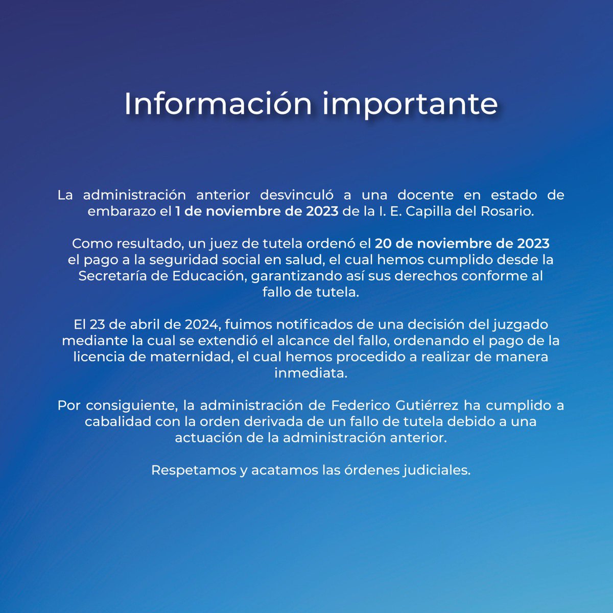 La administración anterior desvinculó a una docente en estado de embarazo el 1 de noviembre de 2023. Realizaremos el pago de la licencia de maternidad de manera inmediata cumpliendo la instrucción de la Juez 👇🏼