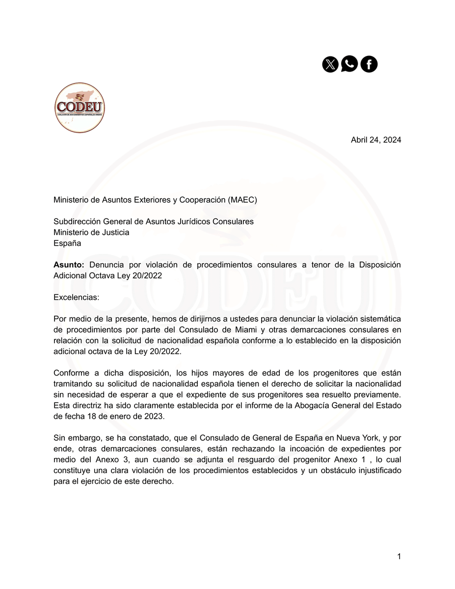 codeunidos's tweet photo. Pedimos a los consulados de @ConsuladoEspNY @CGEspHouston  que por favor permitan a los descendientes de españoles ejercer su legítimo derecho a aplicar a la nacionalidad española por Anexo 3 con el resguardo de los progenitores. @MAECgob @CGCEE_VIII @avtorresp @jmalbares https://t.co/lLKUllJV2b