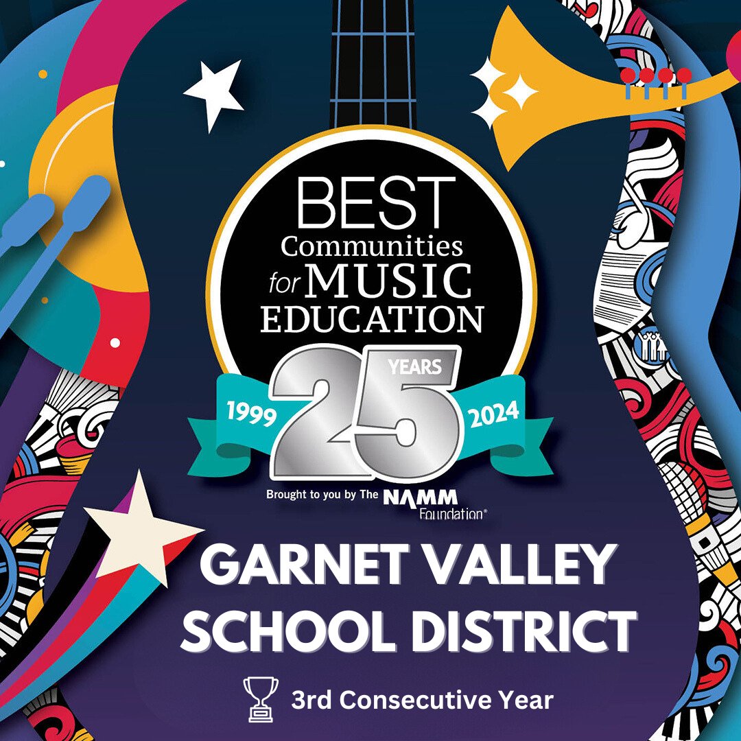 GarnetValleySD's tweet photo. 🎵🏆 We're excited to share that for the third year in a row, Garnet Valley School District has been recognized with the prestigious Best Communities for Music Education award by The NAMM Foundation! This accolade highlights our unwavering commitment to music education and it ... https://t.co/9xQe0Umkkg