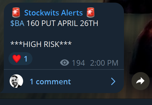 mikalche's tweet photo. $BA 160 PUT OVER 300% IN LESS THAN 10 MIN https://t.co/SdbpfxaEZ0 https://t.co/CPriVaalRm