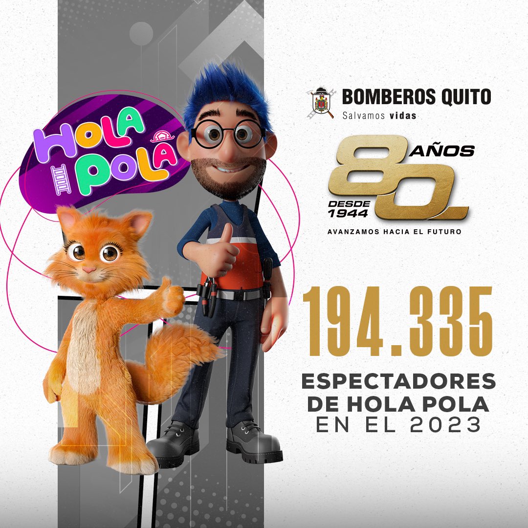 Nuestros proyectos enfocados a los más pequeños continúan llegando a los hogares ecuatorianos. #HolaPola se transmite en plataformas digitales y por señal abierta, con mensajes educativos y preventivos que han llegado a más de 194.000 espectadores en el año 2023. #BomberosQuito