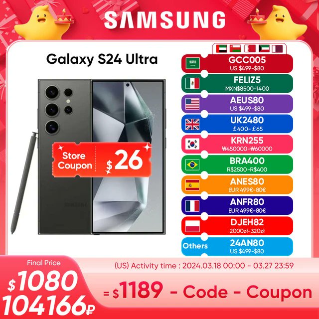 Buy #SamsungGalaxyS24Ultra 5G Smartphone 256GB/512GB Snapdragon 8 Gen 3 120Hz LTPO AMOLED Display 200MP Quad Cameras IP68
Original price: USD 1512.66
Now price: USD 1195.00
Click&Buy: s.click.aliexpress.com/e/_omvPK40uji