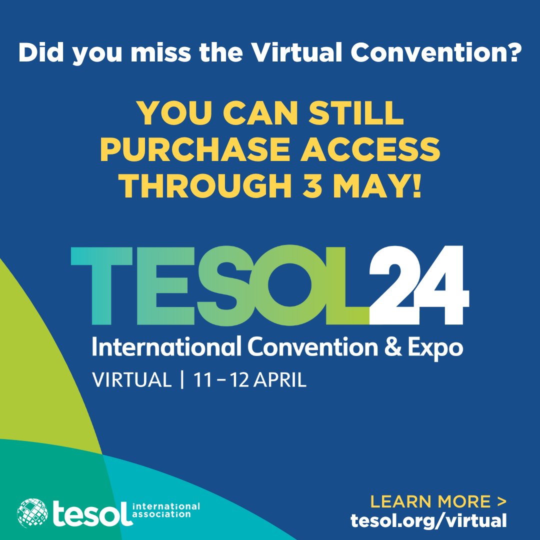 🎉 We're excited to announce you can now register to access recorded content from the virtual #TESOL2024! Watch all of the keynotes and sessions you like through October 2024. Learn more: bit.ly/3UvYB6I #TESOL #TEFL #TESL #ELT