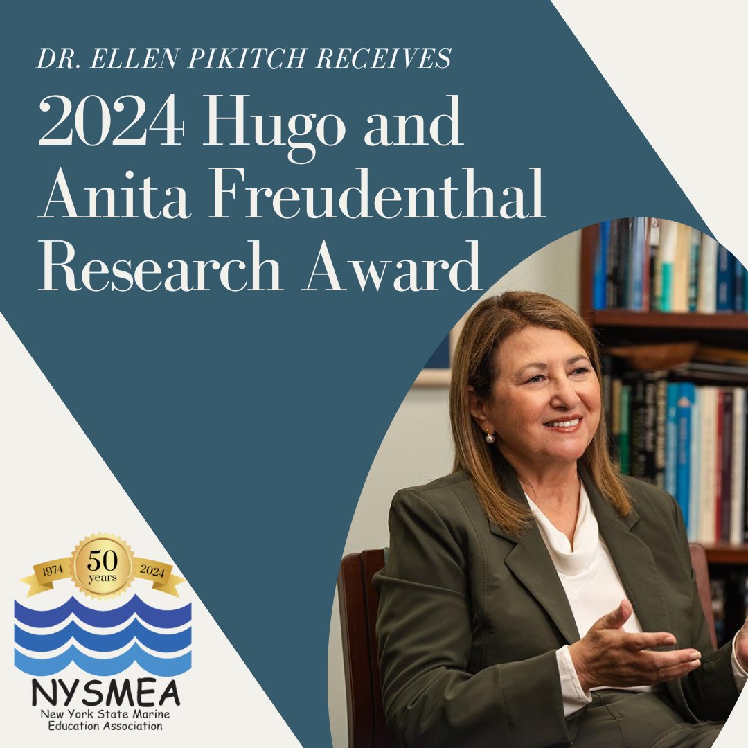 Dr. Ellen Pikitch won the 2024 Hugo and Anita Freudenthal Research Award for her impactful work in marine conservation, presented by @NYSMEA. The award was given by her former high school teacher, Lou Siegel. Read more: news.stonybrook.edu/university/pik… @SoMAS