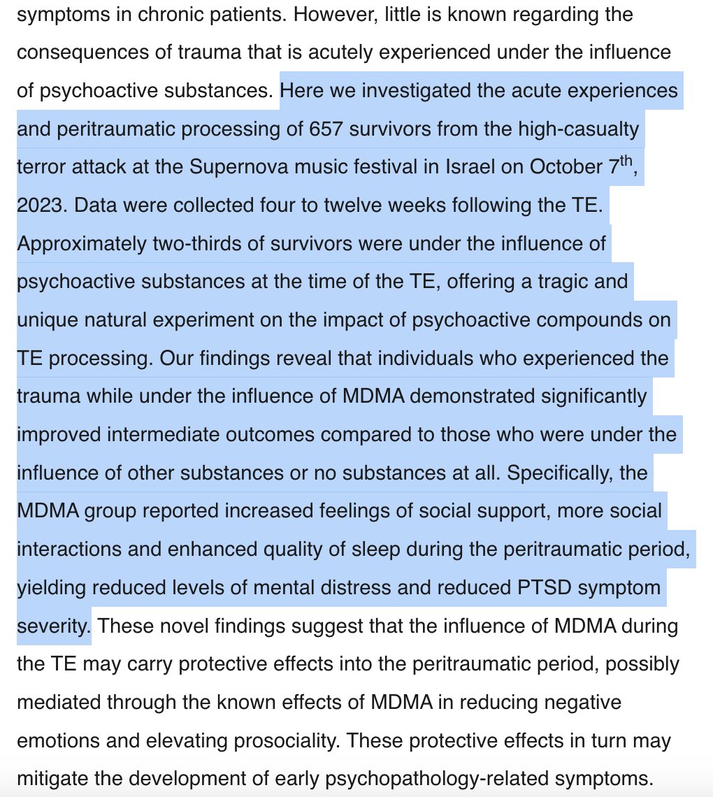 'How does being on MDMA affect your experience of traumatic events?', studied on survivors of the Hamas festival attack on Oct 7 It's mindblowing this research even happened, and even more interesting to see the results!