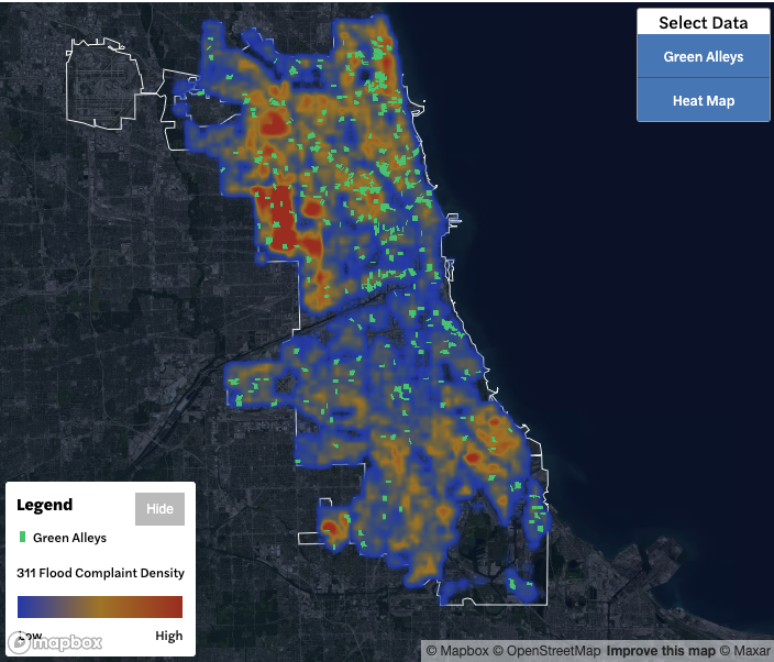 Use the map to view complaint hotspots for flooding complaints in Chicago, as well as the location of about 400 alley construction projects as a part of the city’s Green Alleys program: illinoisanswers.org/2024/04/18/chi…