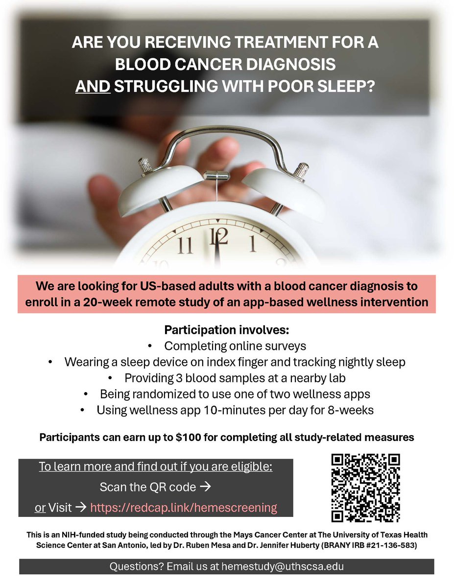 📢 Seeking US-based adults undergoing treatment for #bloodcancer and experiencing #sleepdisturbance to participate in a remote study testing a digital wellness intervention. More here: cancer.uthscsa.edu/heme-study Thank you for sharing! @jenhuberty @mpdrc @szusmani @jmikhaelmd