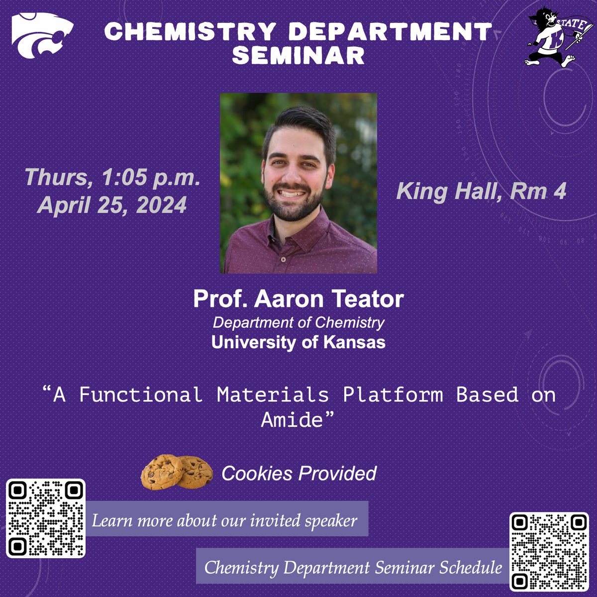 Our departmental seminar this Thursday is Prof @AaronTeator from our neighbors @KUChemistry. For abstract & bio: k-state.edu/today/announce…