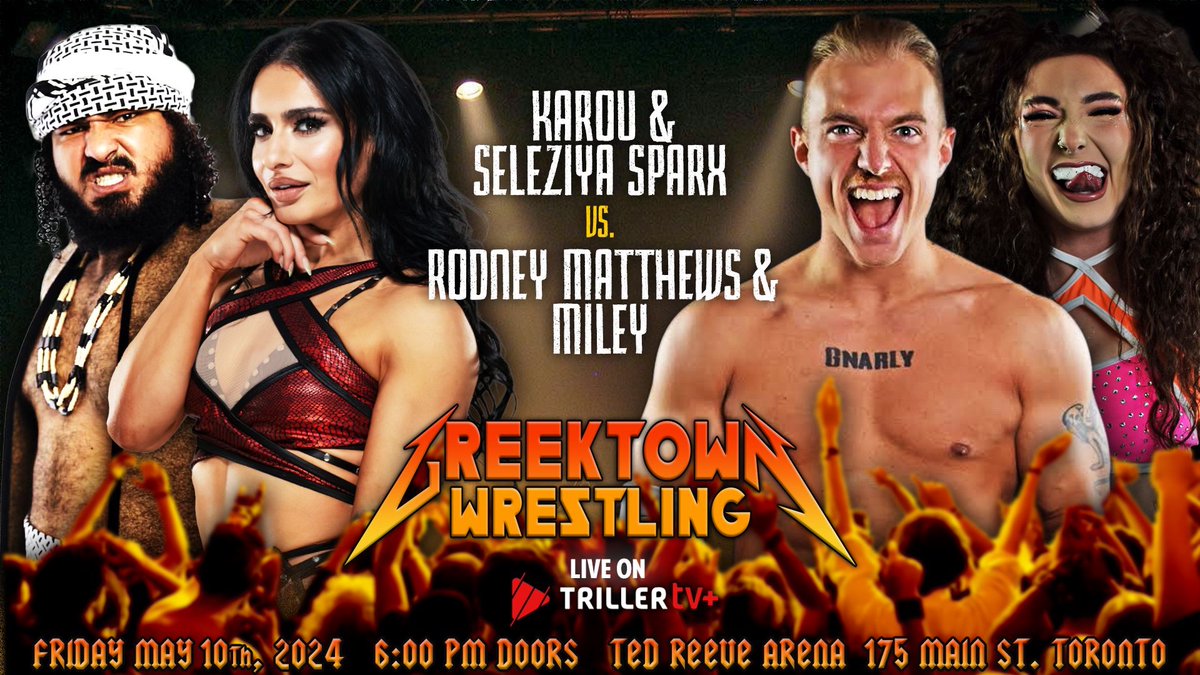 TORONTO 🔥 THE BEASTS FROM THE MIDDLE EAST @karouwrestling & @RealSelezSparx 😤 TAKE ON @Mileywrestler & @RodneyWrestles MAY 10! 💪🏼 LIVE ON @fitetv - GET TICKETS NOW LINK IN BIO 🤝 #GREEKTOWNWRESTLING #TRILLER #FITETV #TEDREEVE