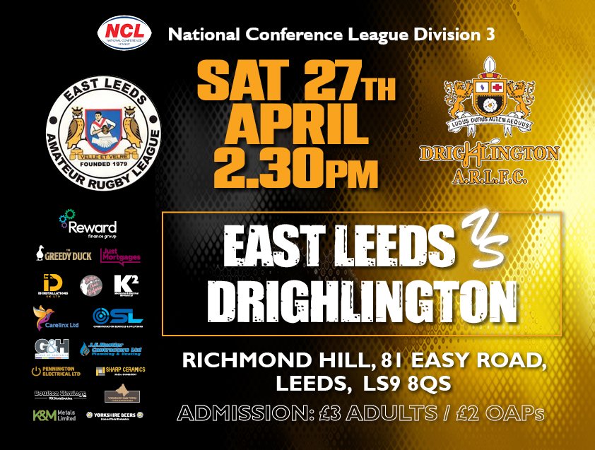 Big game for our Open Age this weekend! It'll be a tough match against a strong East Leeds side, with both teams going well in Division 3. Let's get some numbers there to support the lads! 🖤💛 #upthedrig @OfficialNCL