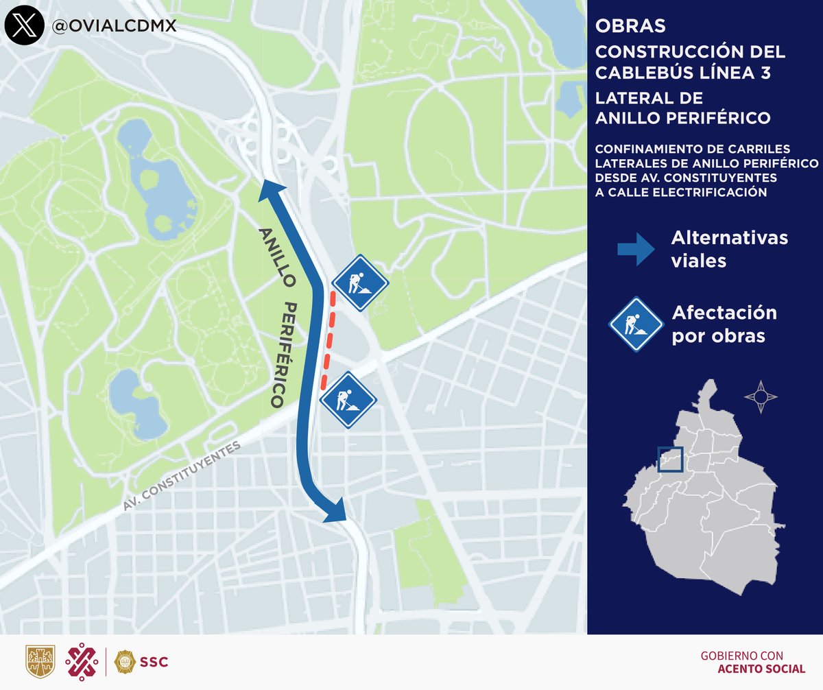 #PrecauciónVialI Considera afectada la circulación en carriles laterales de Anillo Periférico de Av. Constituyentes a Electrificación al Norte, por obras para la construcción de la línea 3 de @MICablebusCDMX. Consulta aquí #AlternativaVial