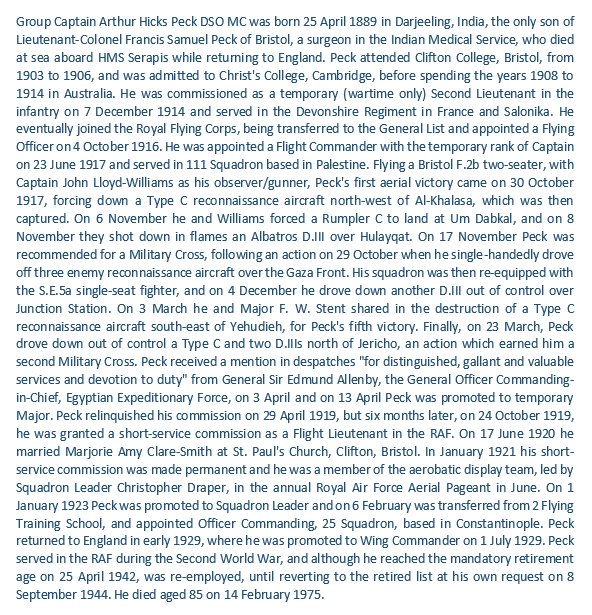 Born 25 April 1889 in Darjeeling, India, 8 victory ace with 111 Squadron, Captain Arthur Hicks Peck D.S.O., M.C. and Bar.