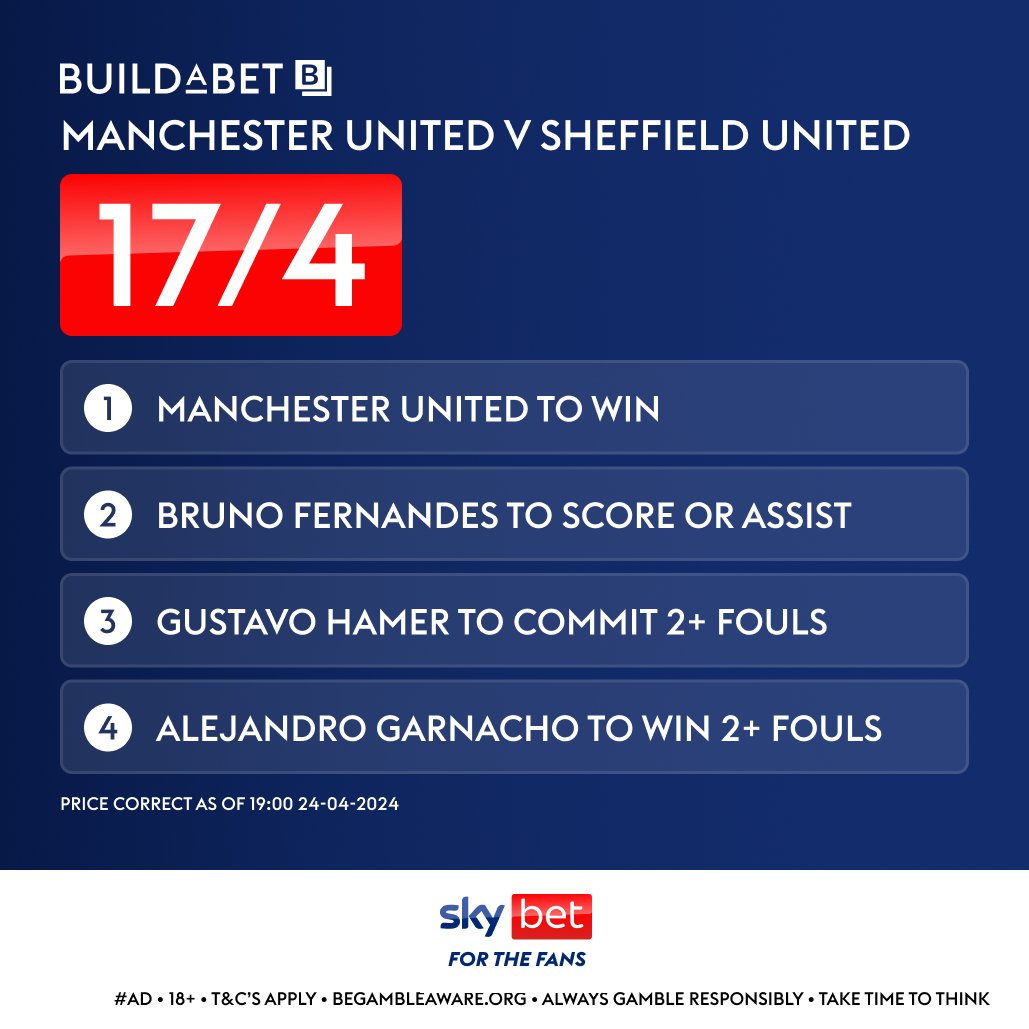 UPDATED BuildABet for Man United v Sheffield United! ⚽️

FERNANDES: Has 8 goals & 6 assists in the PL this season
HAMER:  Sheff Utd's 2nd highest fouler per 90
GARNACHO: Averaging over 2 fouls won per 90

17/4 bet-slip HERE 👉 
footyaccums.bet/MUNvSHUBAB2404…

#Ad 18+ BeGambleAware