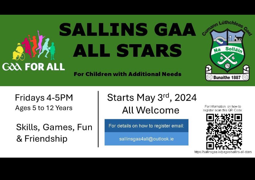 A welcoming initiative from <a href="/SallinsGAAClub/">Sallins GAA</a> facilitated by our P.O <a href="/MarkFitzy14/">Mark Fitzharris</a> and assisted by club members. Email for details or scan the code below and join the GAA family <a href="/KildareGAA/">Kildare GAA</a>