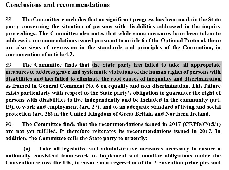 🚨The report from the UN committee for disabled people is out and few will be surprised to learn the govt has failed to make any significant progress to address grave and systematic violations or the root causes of inequality and discrimination. #CRDP24 tbinternet.ohchr.org/_layouts/15/Tr…