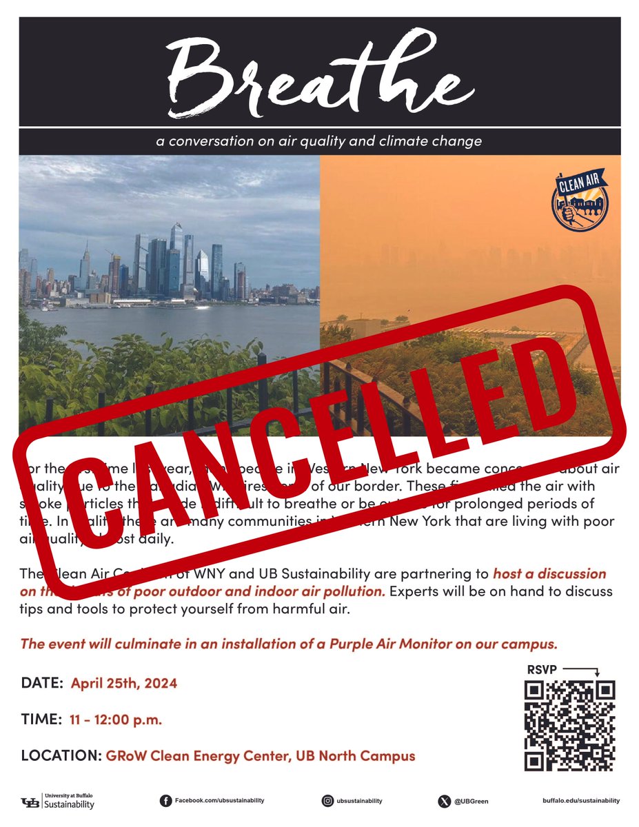 Breathe: A Conversation on Air Quality and Climate Change has been CANCELLED for this upcoming Thursday! We will have more information regarding reschedule dates soon - be on the lookout! 👀