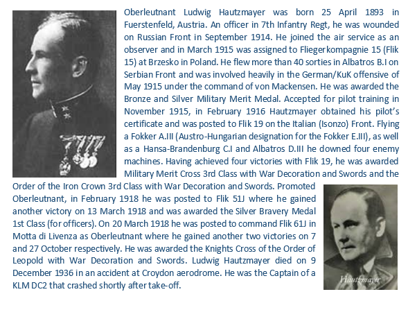 Born 25 April 1893 in Fürstenfeld, Austria, 7 victory Austro-Hungarian Empire ace Oberleutnant Ludwig Hautzmayer.
