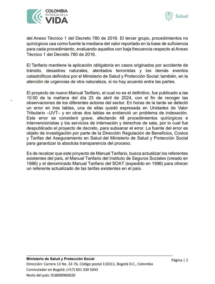 Atención Comunicado del @MinSaludCol sobre el manual tarifario. Dice que el error que llevó a su despublicación fue solo en tres tablas de 48 procedimientos quirúrgicos e intervencionistas y los servicios de internación y derechos de sala.