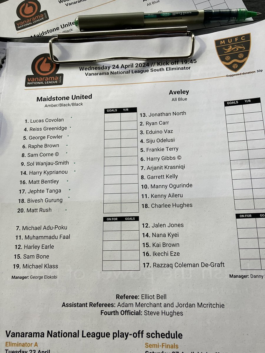 BBCKentSport's tweet photo. TEAM NEWS Maidstone unchanged for their play-off eliminator v Aveley.

⚽️ Visitors also name the same 16 as their final league game, including former Stones Kyei and De-Graft.

💻 https://t.co/fuaqpv2V31 https://t.co/ehileNwqHw