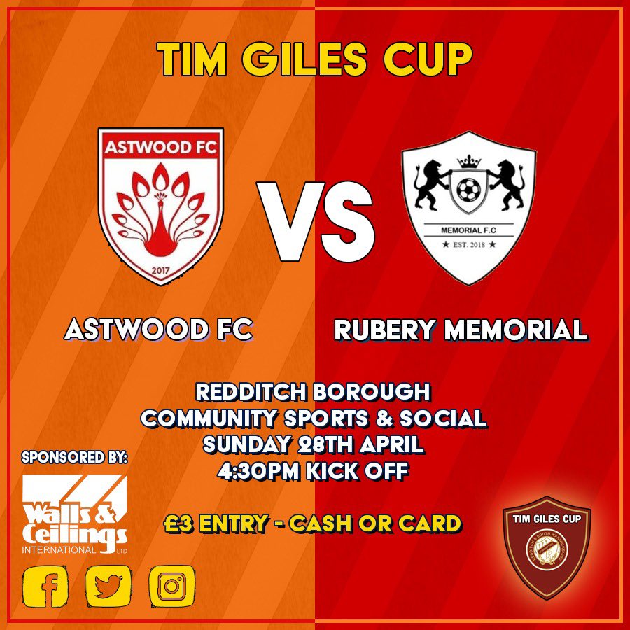 We are getting ready for Sunday - for cup final day number 2 at Redditch Borough FC

1pm kick off Jim Fleeman Cup - <a href="/AFCB_Sundays/">AFC Bromsgrove Sundays</a> v <a href="/FCARROWSPAS/">FC Arrow Spas.</a> 

4.30pm kick off Tim Giles Cup - <a href="/astwood_fc/">Astwood FC</a> v <a href="/MemorialFC/">Rubery Memorial F.C</a> 

Come and show your support as you did last Sunday - you were fabulous!