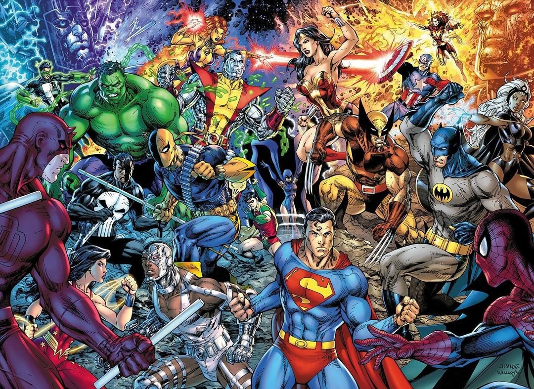 🚨 A arte de capa do Jim Lee pra 'DC Versus Marvel Omnibus', reimpressões das histórias em quadrinhos dos crossovers das equipes de DC e Marvel, que incluirão também o universo Amálgama, combinando as duas mitologias.