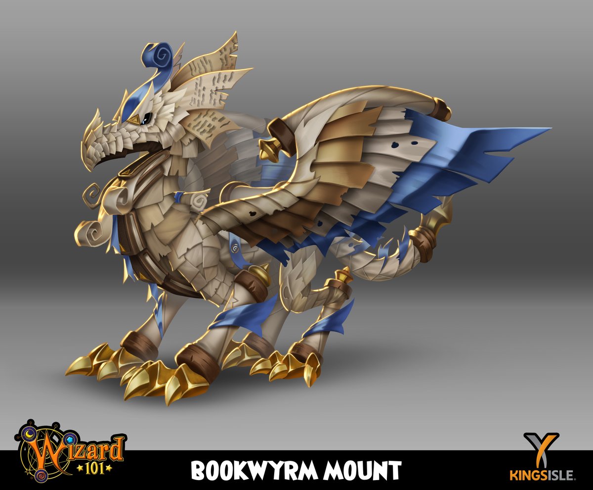 Here's the Bookwyrm Mount from the Forbidden Library Hoard Pack. This one was fun, but really challenging, designing a dragon entirely from paper, books, and scrolls. @Wizard101 #wizard101 #creaturedesign