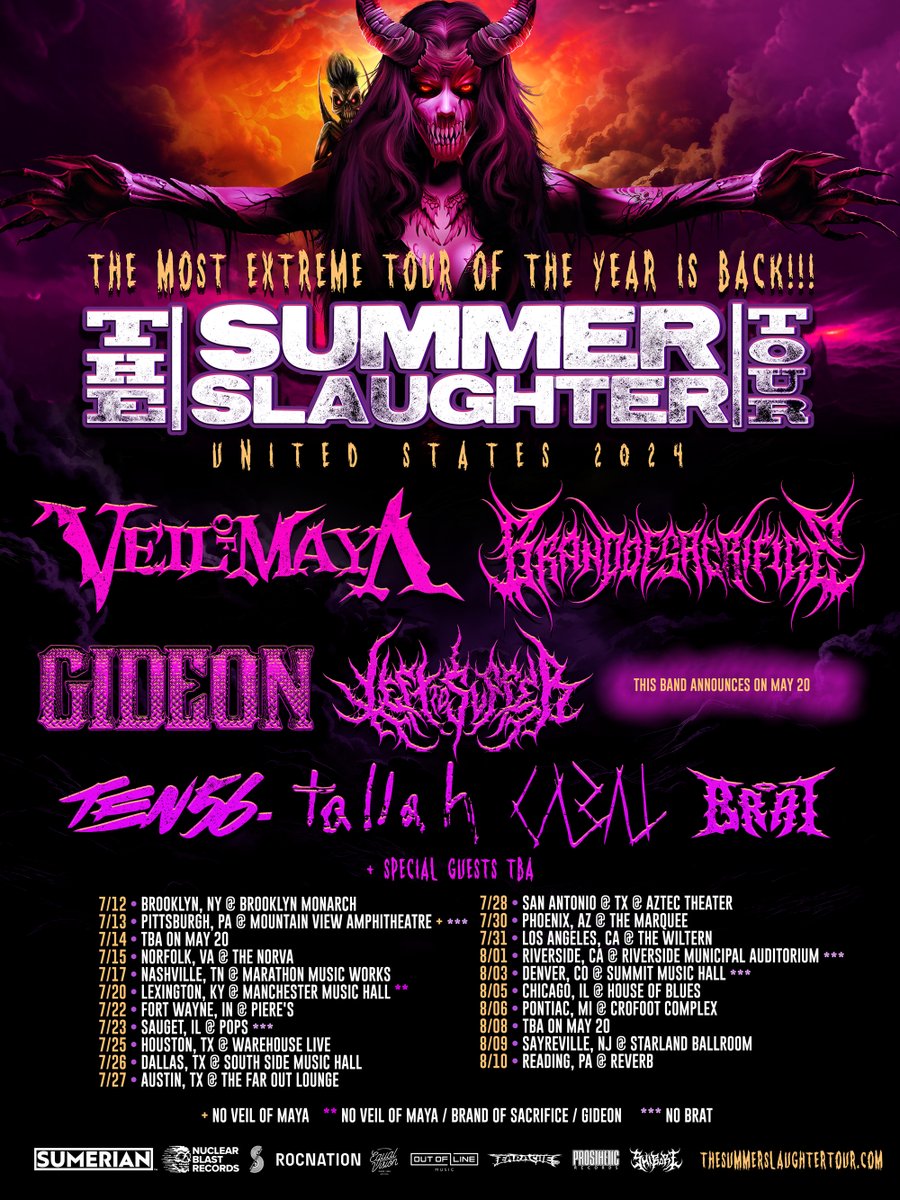 ⚠️:// It’s time for ’The Generation of Danger’ to join @summerslaughter, alongside @veilofmayaband, @BrandOSacrifice, @GideonAL, @LefttoSufferUS, @ten56hq, @cabalcph, @brat504 and one more band🧬🧪Where will we see you?👀 Tix available Friday at 3 PM PST: thesummerslaughtertour.com