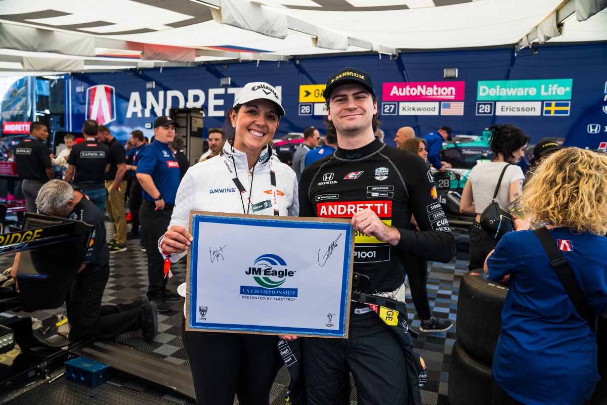 Living the suite life at @GPLongBeach ✨🌴   @LPGA Tour pro @talley_emma met race fan @dylansprouse and @AndrettiIndy’s No. 26 @GainbridgeLife Honda driver @ColtonHerta at the track.