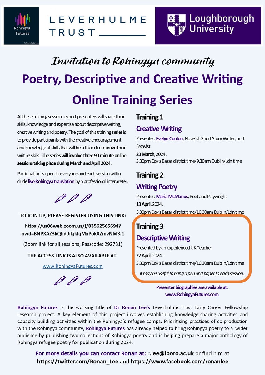✍️ Are you a #Rohingya poet, writer or would like to learn more about poetry, descriptive + creative writing?  💻 On Saturday 27 April (at 3.30pm Cox's Bazar time) you are invited to participate in an online training session about DESCRIPTIVE WRITING with live Rohingya…