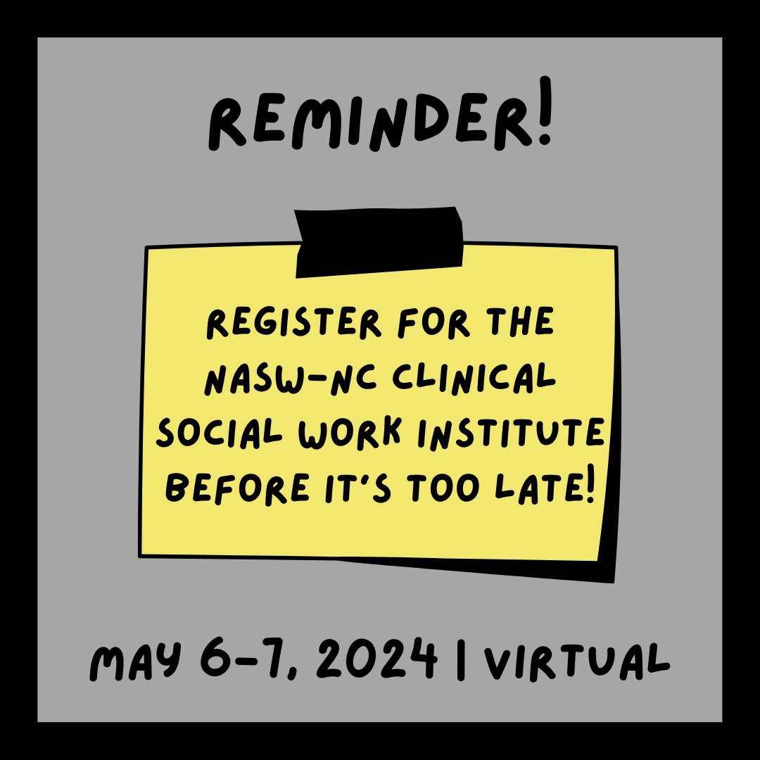 LAST CHANCE, DON'T MISS OUT! Just ONE WEEK left to register for the 2024 NASW-NC Clinical Social Work Institute, to be held virtually May 6-7, 2024!⁠ Go here to view sessions and register: naswnc.org/page/60⁠ #naswnc #nasw #msw #lcsw #socialwork #socialworkers