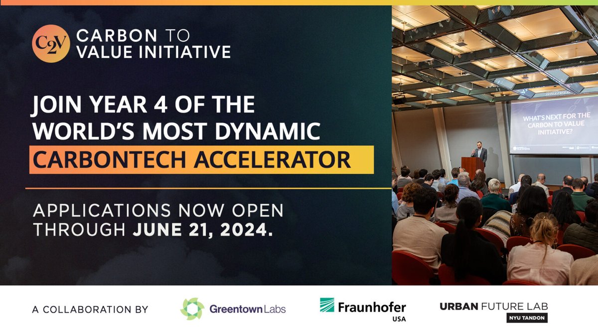 Attn. #carbontech startups: apply by June 21 for Year 4 of the #C2VInitiative, an accelerator w/ @UrbanFutureLab, @Fraunhofer_USA, + GreentownLabs to commercialize your innovation! Learn more: bit.ly/3Q3ST9E