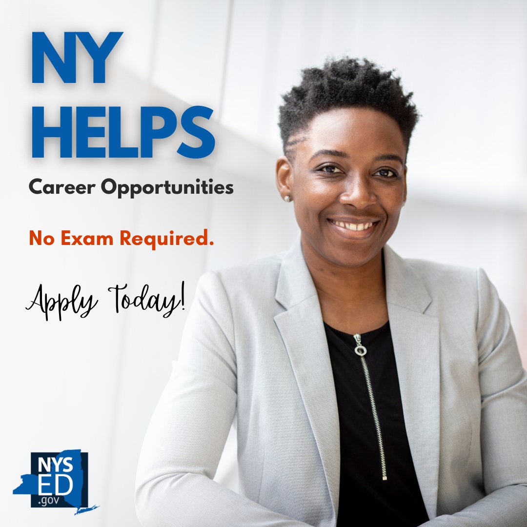 The New York State Education Department (NYSED) is hiring through the NY HELPS program. No exam is needed! Explore the NY HELPS positions currently open at NYSED and apply today! bit.ly/3VXsLB0