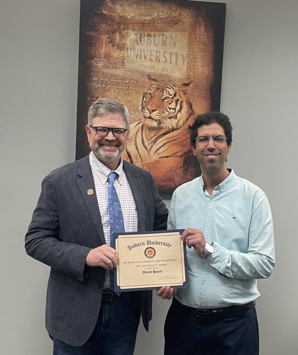I’m so glad to announce that I received a research excellence award by the Department of Chemistry and Biochemistry <a href="/cosamau/">COSAM</a> <a href="/AuburnU/">Auburn University</a> in the 2024 annual banquet. Great thanks to my group members, colleagues, and mentors!