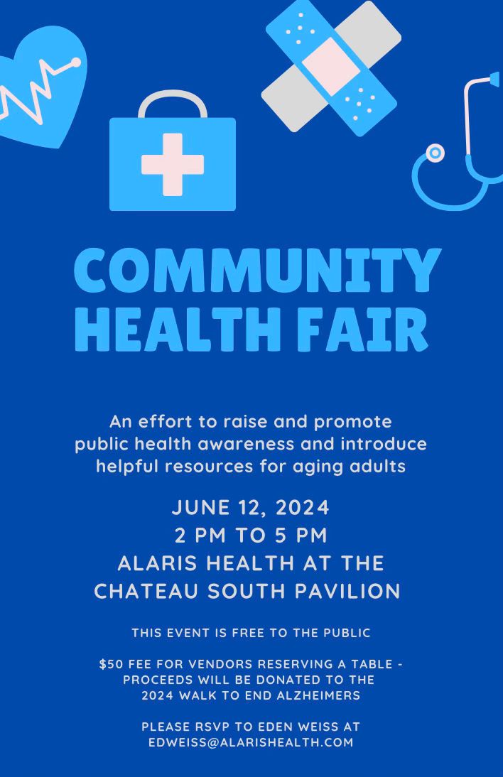 Save the date! Join us at Alaris Health at The Chateau on June 12, 2024, 2-5 pm for our Community Health Fair! Explore booths and screenings, and connect with healthcare pros. #CommunityHealth #HealthFair #AgingWell