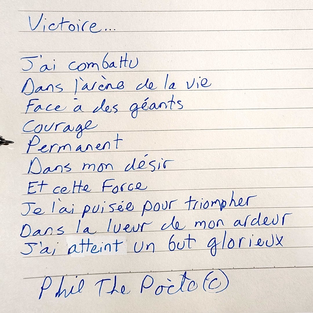 Je partage avec vous mon futur poème 
en version manuscrit en exclusivité...
 
Titre : Victoire...

Phil The Poète ©

 #philthepoete 

#poemedujour

#ecriture  #poeme #poesie   #poesiefrancais #poésie  #Ecriturenumérique #webpoesie