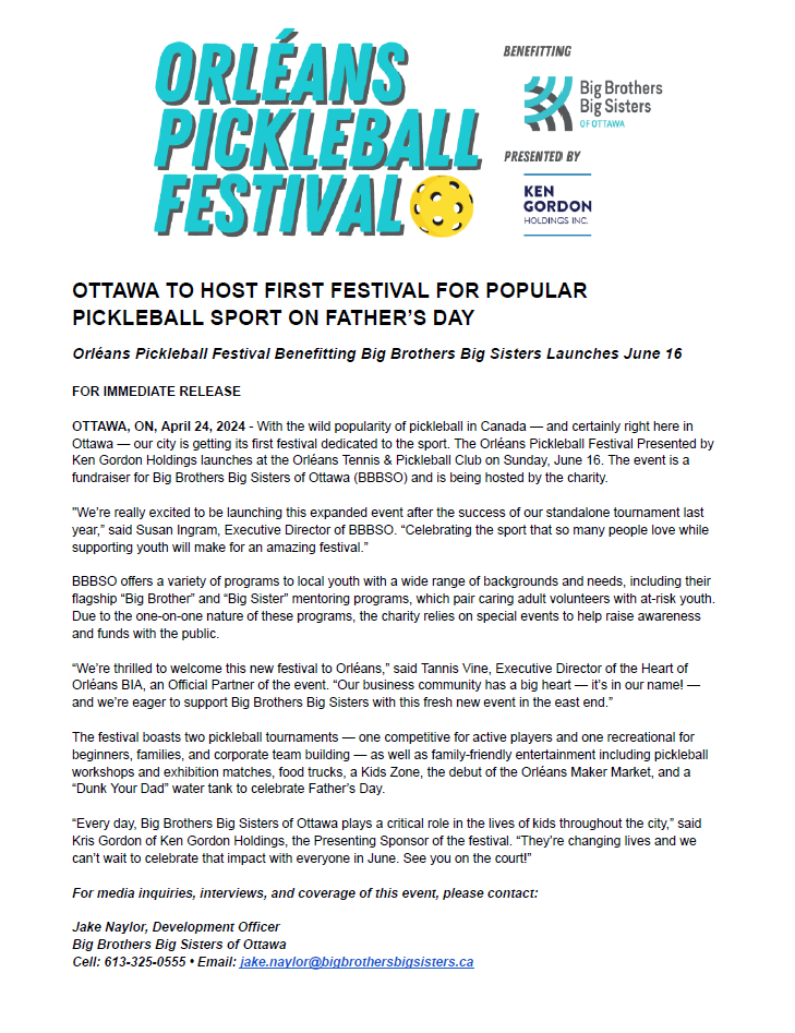PRESS RELEASE ♻️ PLEASE RT

OTTAWA TO HOST FIRST FESTIVAL FOR POPULAR PICKLEBALL SPORT ON FATHER’S DAY

Orléans Pickleball Festival Benefitting Big Brothers Big Sisters Launches June 16

➡️ Press Release: lnkd.in/g4ceR6ws
➡️ Tournament Reg: lnkd.in/grNnWdKa
