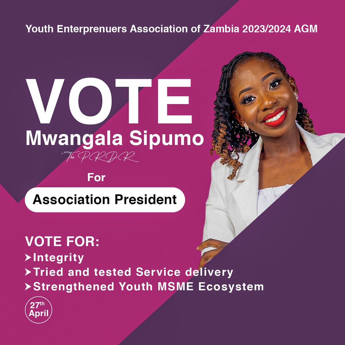 I'm excited to announce my candidacy for President in the upcoming YEAZ elections. If elected, I'll continue to prioritize strengthening of the Youth SME ecosystem through robust capacity building initiatives ensuring visibility for youthled SMEs & access to opportunities.