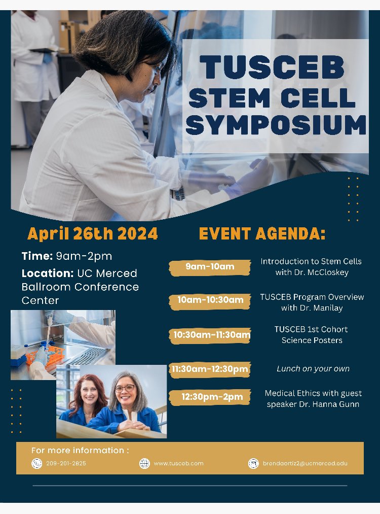 All are welcome to the first annual Stem Cell Symposium at UC Merced this Friday, April 26th, 9am - 2pm! Hope to see you! Please share the information! #ucmerced