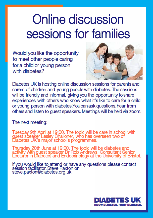 Diabetes UK Midlands & East of England (@diabetesukmidse) on Twitter photo Online session for parents/carers of children & young people
20 June: Diabetes & activity, Dr Rob Andrews, Consultant/Senior Lecturer in Diabetes & Endocrinology at University of Bristol
Contact: steve.paxton@diabetes.org.uk to book your place now Online session for parents/carers of children & young people
20 June: Diabetes & activity, Dr Rob Andrews, Consultant/Senior Lecturer in Diabetes & Endocrinology at University of Bristol
Contact: steve.paxton@diabetes.org.uk to book your place now